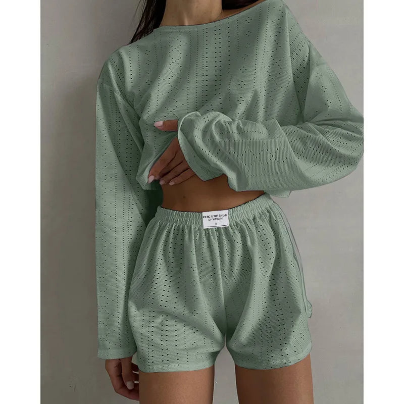 Women's Summer Pajama Set – Hollow Out Long Sleeve Top & Shorts, Lightweight Sleepwear & Homewear