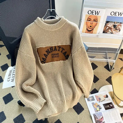 Loose Knit Spliced Sweater – Korean Style Pullover for Autumn Winter