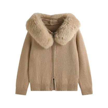 2025 Winter Sweater For Women Fox Fur Cuff Cardigan 100 Wool High Collar Pullover Soft Warm Fashion