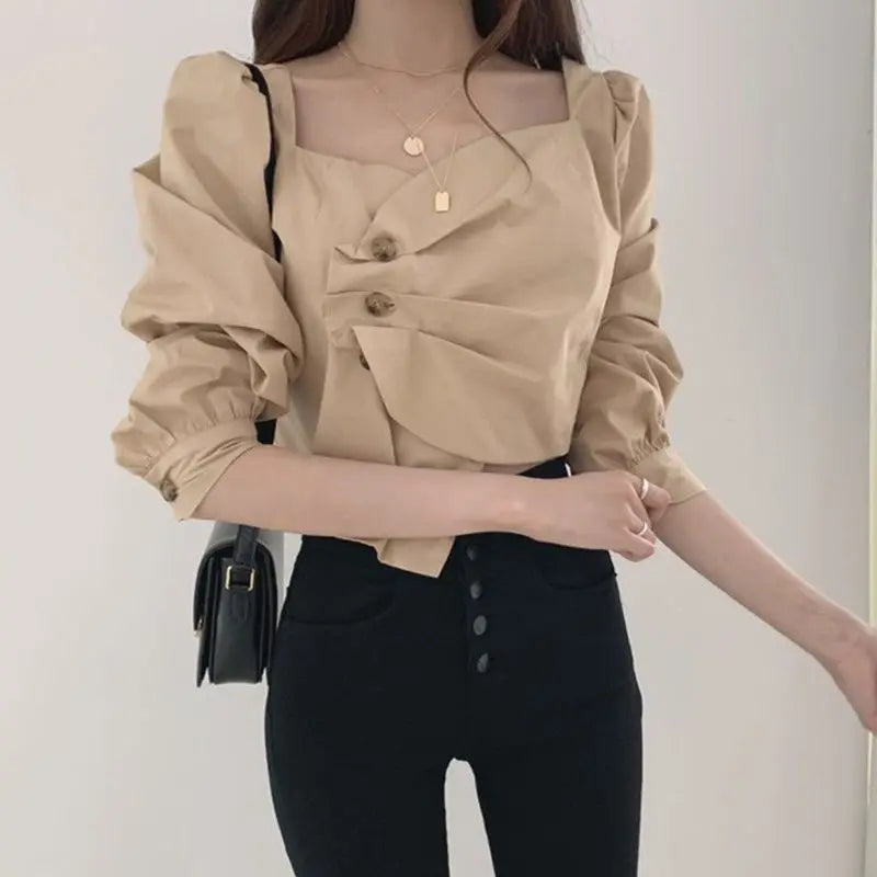 Romantic Architectural: Asymmetric Ruffle-Mesh Layered Blouse
