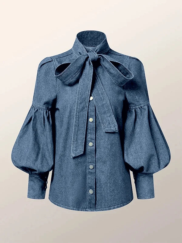 Trendy Imitation Denim Blouse for Women – Long Puff Sleeves, Bow-Embellished High Neck Shirt