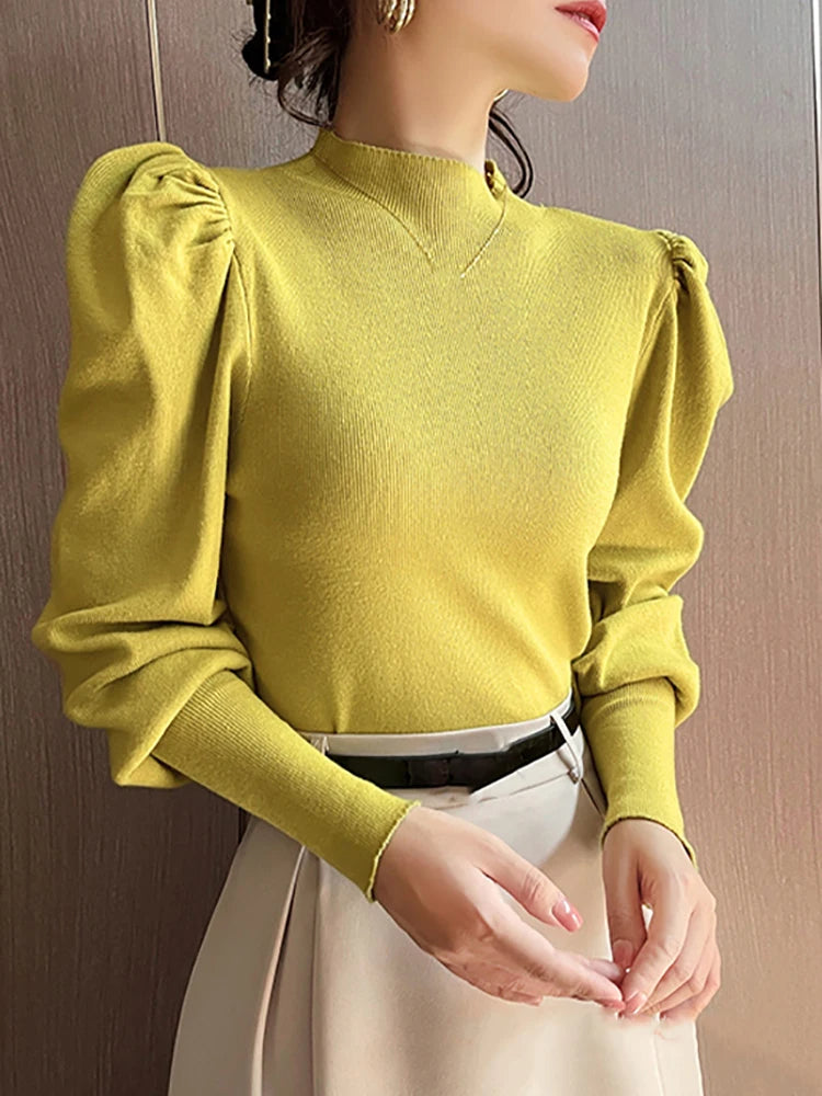 Autumn/Winter Turtleneck Sweater for Women – Slim Fit Basic Pullover, Fashion Korean Knit Top with Puff Sleeves & Stretch