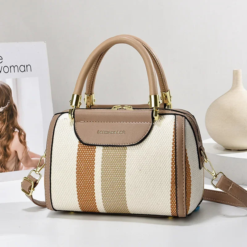 Striped PU Tote Bag Lightweight Spacious Daily