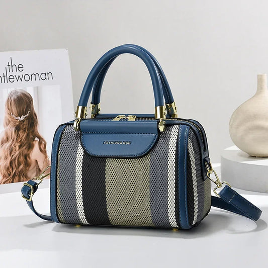 Striped PU Tote Bag Lightweight Spacious Daily