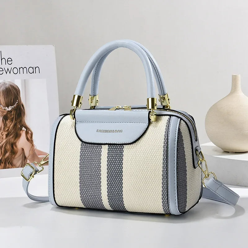 Striped PU Tote Bag Lightweight Spacious Daily
