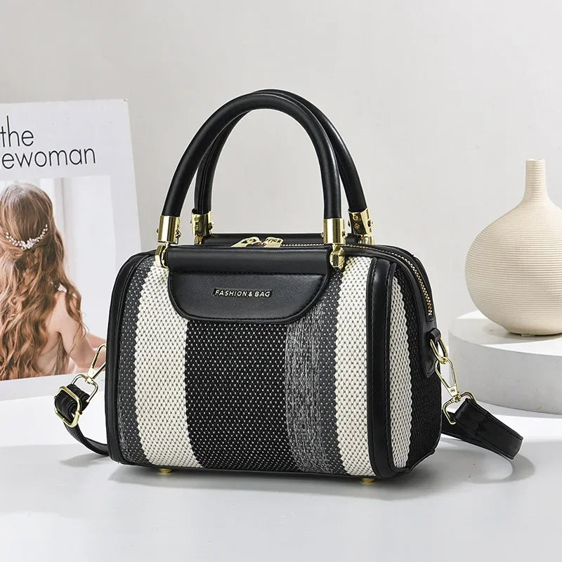 Striped PU Tote Bag Lightweight Spacious Daily