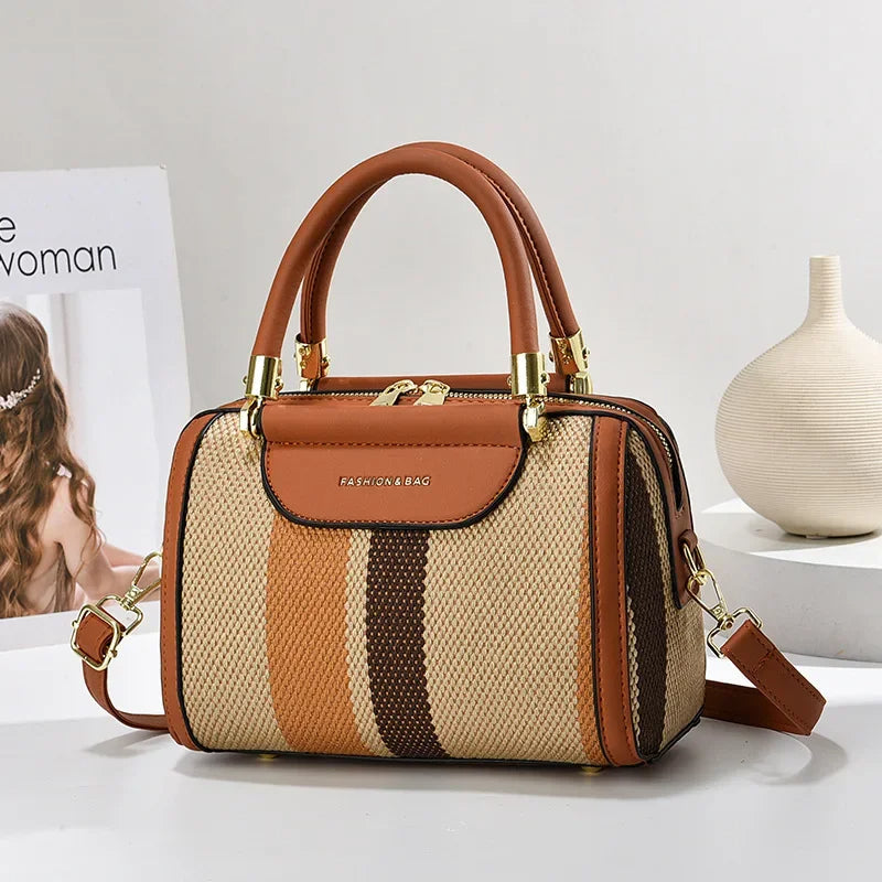 Striped PU Tote Bag Lightweight Spacious Daily
