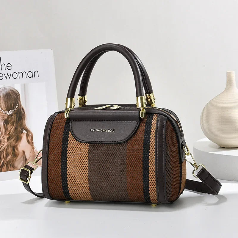 Striped PU Tote Bag Lightweight Spacious Daily