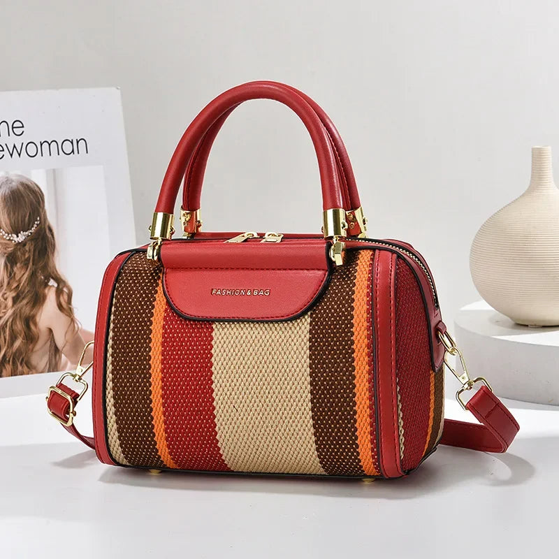 Striped PU Tote Bag Lightweight Spacious Daily