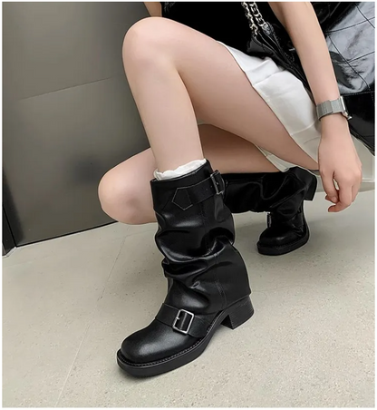 Womens Upper Belted Closure Leather Mid Calf Boots