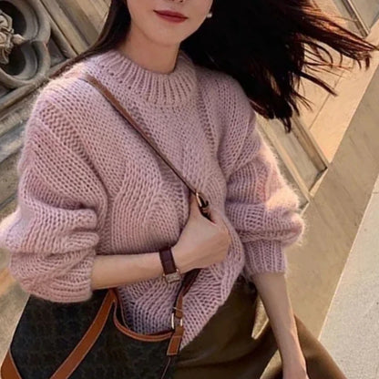 Autumn/Winter Slouchy Fried Dough Twists Sweater for Women – Korean Gentle Style, Long Sleeve Loose Pullover, Knitted Tops