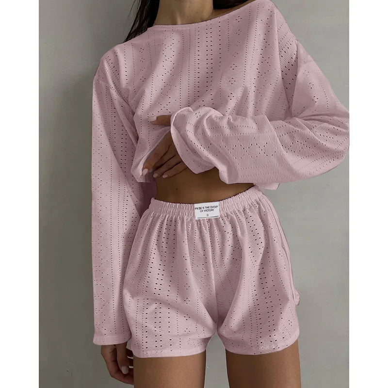 Women's Summer Pajama Set – Hollow Out Long Sleeve Top & Shorts, Lightweight Sleepwear & Homewear