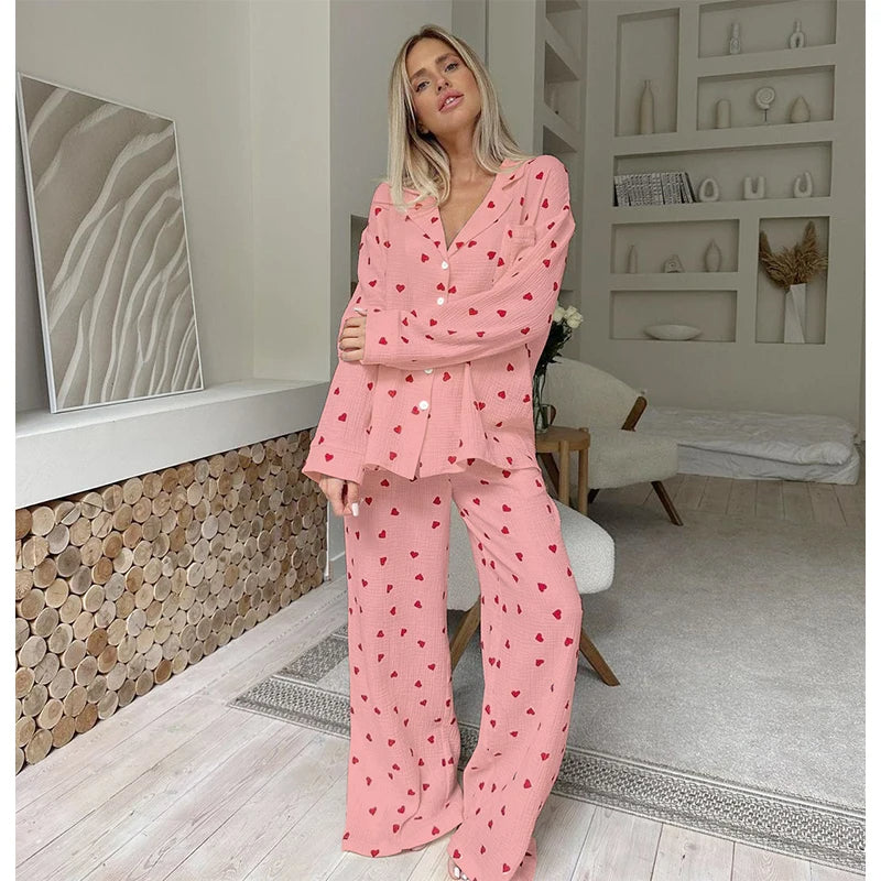 Women's Cotton Pajama Set – Summer Heart Print 2-Piece Sleepwear, Long Sleeve Button-Down Lapel Nightwear