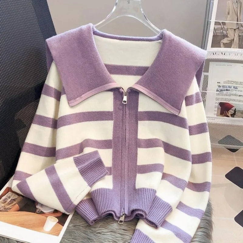 Womens Striped Design Zipper Crop Cardigan Sweaters