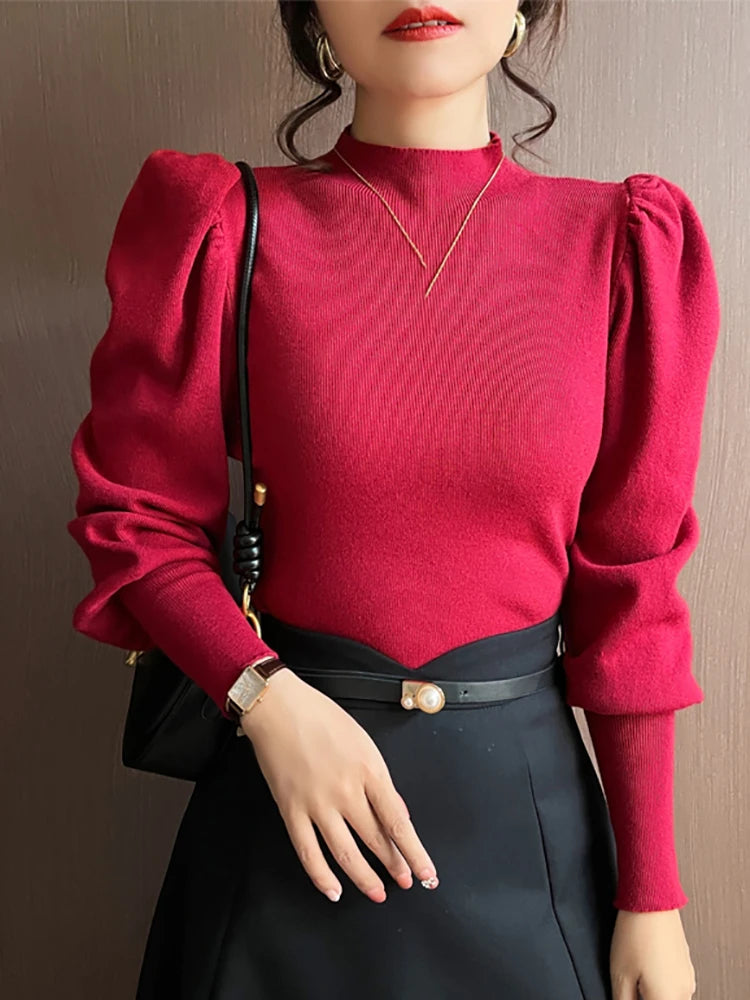 Autumn/Winter Turtleneck Sweater for Women – Slim Fit Basic Pullover, Fashion Korean Knit Top with Puff Sleeves & Stretch