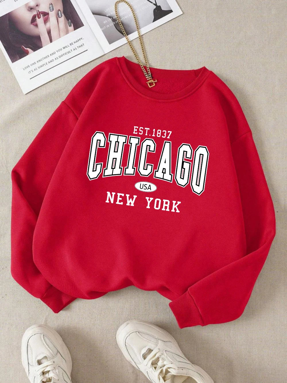 2025 Women’s Chicago New York USA Sweatshirt – White Letter Print Casual Hoodie for Winter