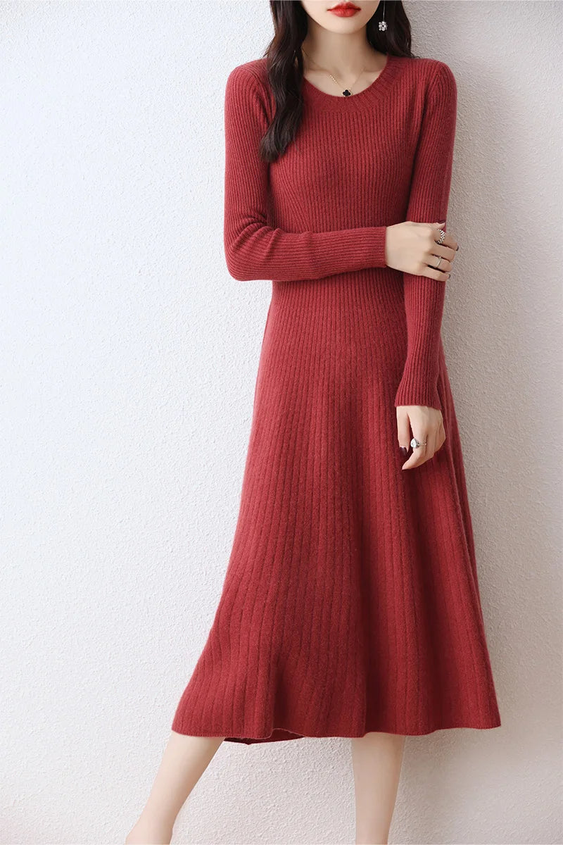 Monochromatic Round Neck Merino Wool Women Long Sweater Dress