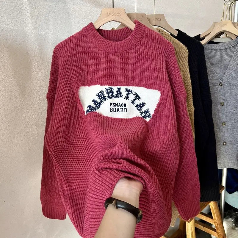 Loose Knit Spliced Sweater – Korean Style Pullover for Autumn Winter