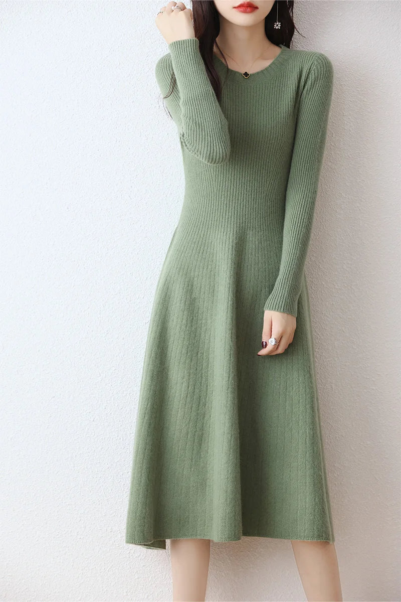 Monochromatic Round Neck Merino Wool Women Long Sweater Dress