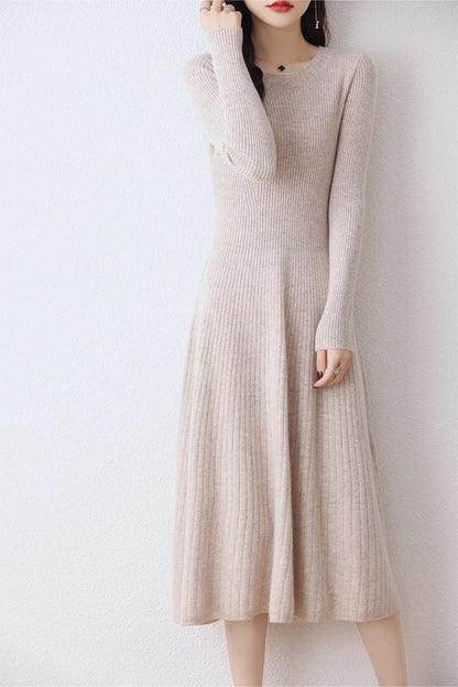 Monochromatic Round Neck Merino Wool Women Long Sweater Dress