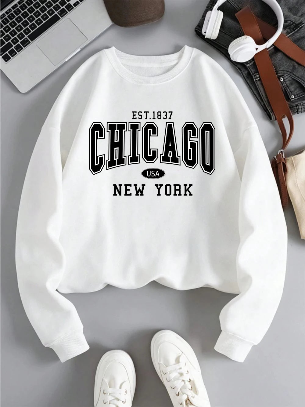 2025 Women’s Chicago New York USA Sweatshirt – White Letter Print Casual Hoodie for Winter