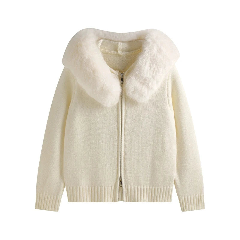 2025 Winter Sweater For Women Fox Fur Cuff Cardigan 100 Wool High Collar Pullover Soft Warm Fashion