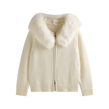2025 Winter Sweater For Women Fox Fur Cuff Cardigan 100 Wool High Collar Pullover Soft Warm Fashion
