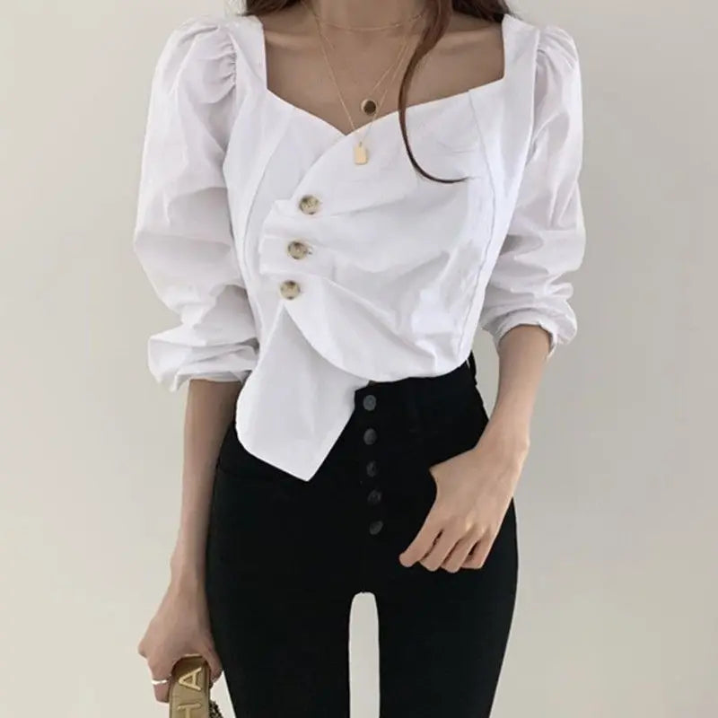 Romantic Architectural: Asymmetric Ruffle-Mesh Layered Blouse