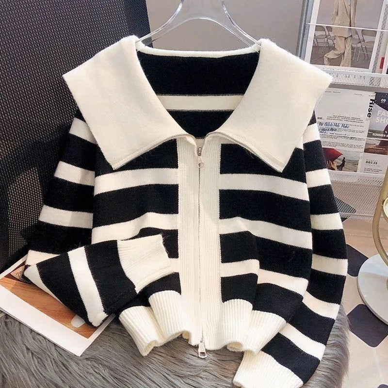 Womens Striped Design Zipper Crop Cardigan Sweaters