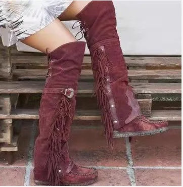 Western Style Tassel Down Faux Suede Long Boots