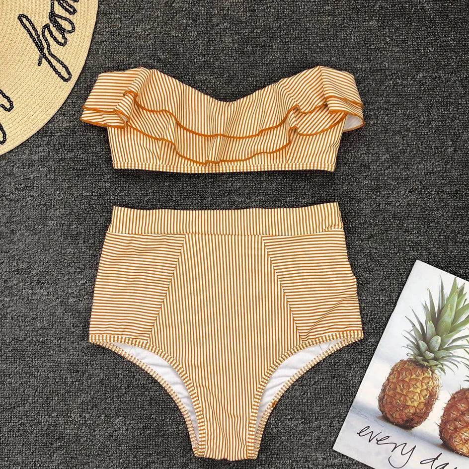 Ruffle Top High Waist Sexy Striped Strapless Bikini