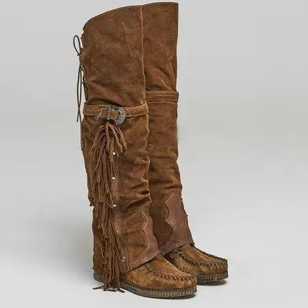 Western Style Tassel Down Faux Suede Long Boots