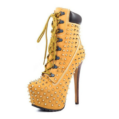 Women's Platform Rivet Ankle Boots – 16cm Stiletto High Heel Lace-Up Spike Booties, Bold & Stylish Shoes