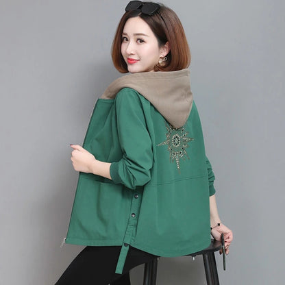 New Autumn Style Womens Hooded Windbreaker Zipper Jackets