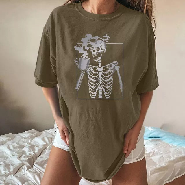 Drinking Skeleton Cool Graphics Summer T-Shirts Tops For Women