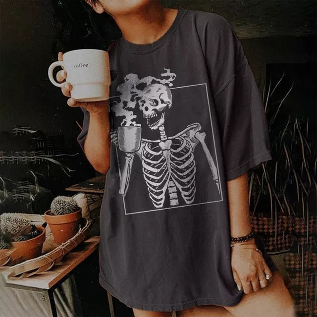 Drinking Skeleton Cool Graphics Summer T-Shirts Tops For Women