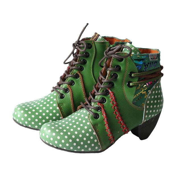 Caotic High Heel Polka Dot Leather Lace Up Women Boots