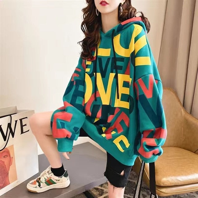 Womens Korean Style Cool Colorful LOVE Print Winter Hoodie
