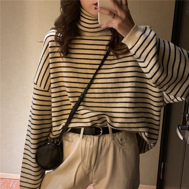 Loose Fit Striped Turtleneck Winter Sweater For Women