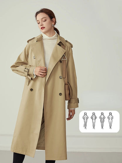 Cotton Khaki Long Turn Down Collar Belted Women Trench Coat