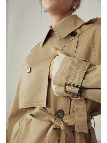 Cotton Khaki Long Turn Down Collar Belted Women Trench Coat