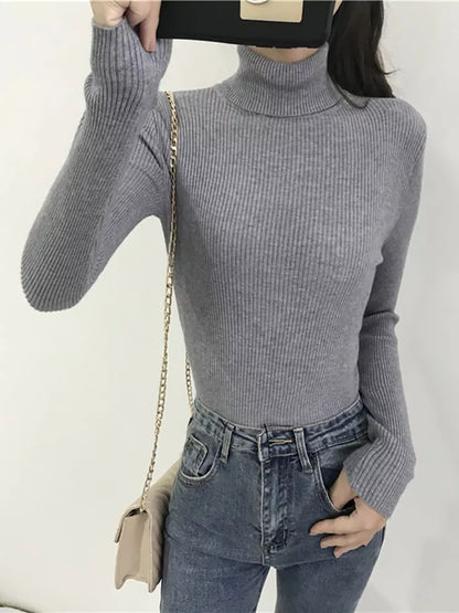 Autumn/Winter Thick Turtleneck Sweater for Women – Knitted Ribbed Pullover, Long Sleeve Slim Fit, Soft & Warm Femme Jumper