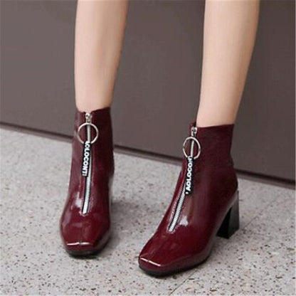 New Brand Quality Leather Chunky High Heels Ankle Boots – Front Zipper, Square Toe, Dress Party Work Shoes