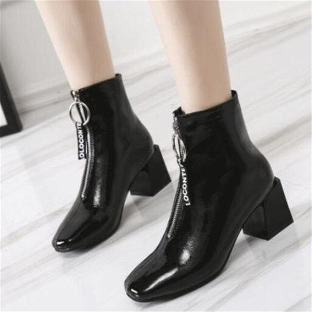Square Heel Patent Leather Brillant Ankle Boots