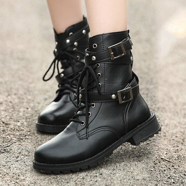 British Motorcycle Style Low Heel Ankle Boots For Women
