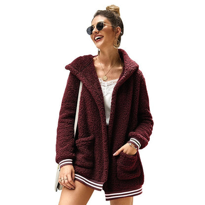 Women Turn Down Collar Hooded Fluffy Outwear Coats