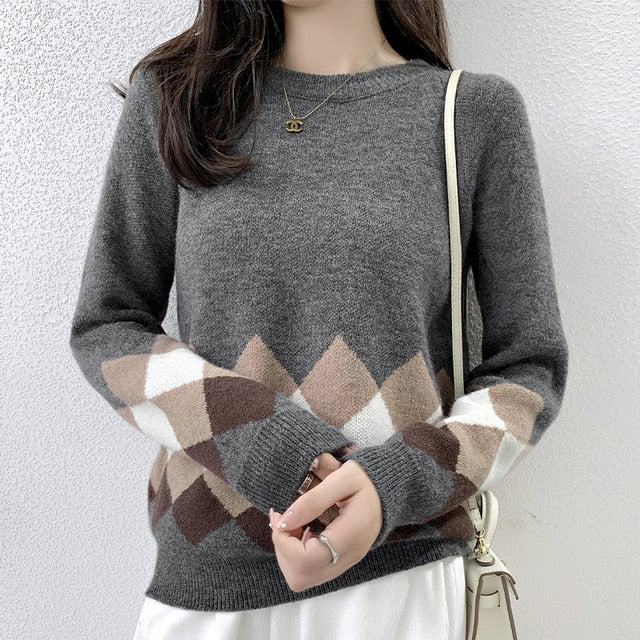 Women’s Pullover Sweater – Solid Round Neck, Geometric Graphic Screw Thread Long Sleeve Knitted Undershirt, Casual Office Lady Top