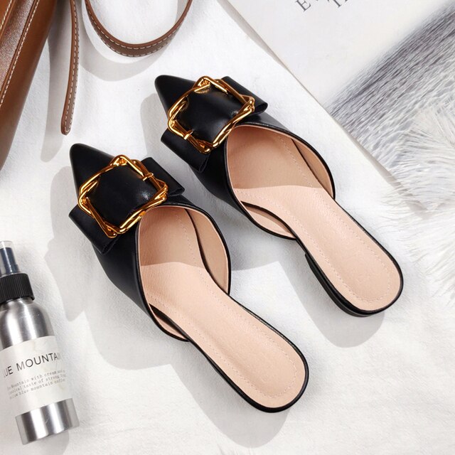 Metal Square Decor Faux Leather Summer Slipper For Women