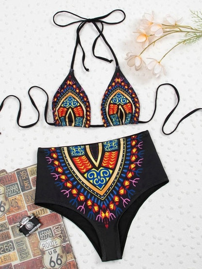 African Boho Bikini Set | Women's Halter Triangle Bra, Tie Strap Two-Piece Swimwear, Sexy Beachwear Bathing Suit