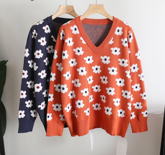 Women's Korean Style Daisy Flower Printed Knitted Winter Sweater